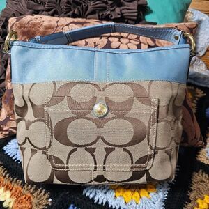2007 Vintage Coach Y2K Shoulderbag Purse in Signature Monogram and Blue Canvas